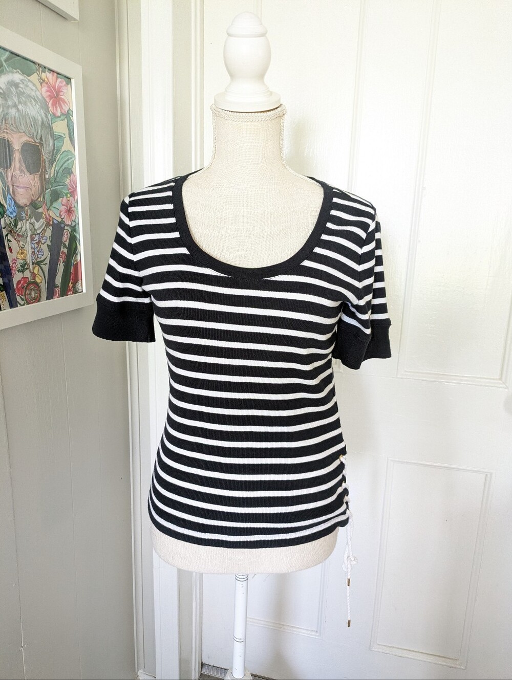 CHAPS COTTON TOP Sz Sm Large Nautical T-Shirt - Navy White Striped Side Lace Up
